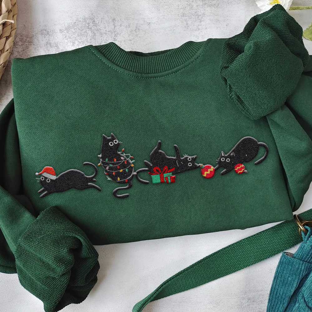 Festive Cat Lovers Embroidered Sweatshirt