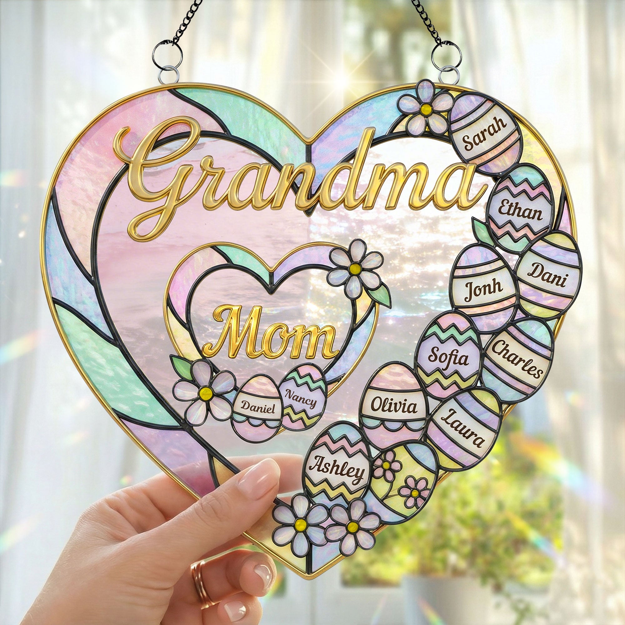“A Heartfelt Gift for Grandma & Mom” - Personalized Mom & Grandma Heart Suncatcher Ornament - Perfect Easter Gift Ornament PopCulturePrints