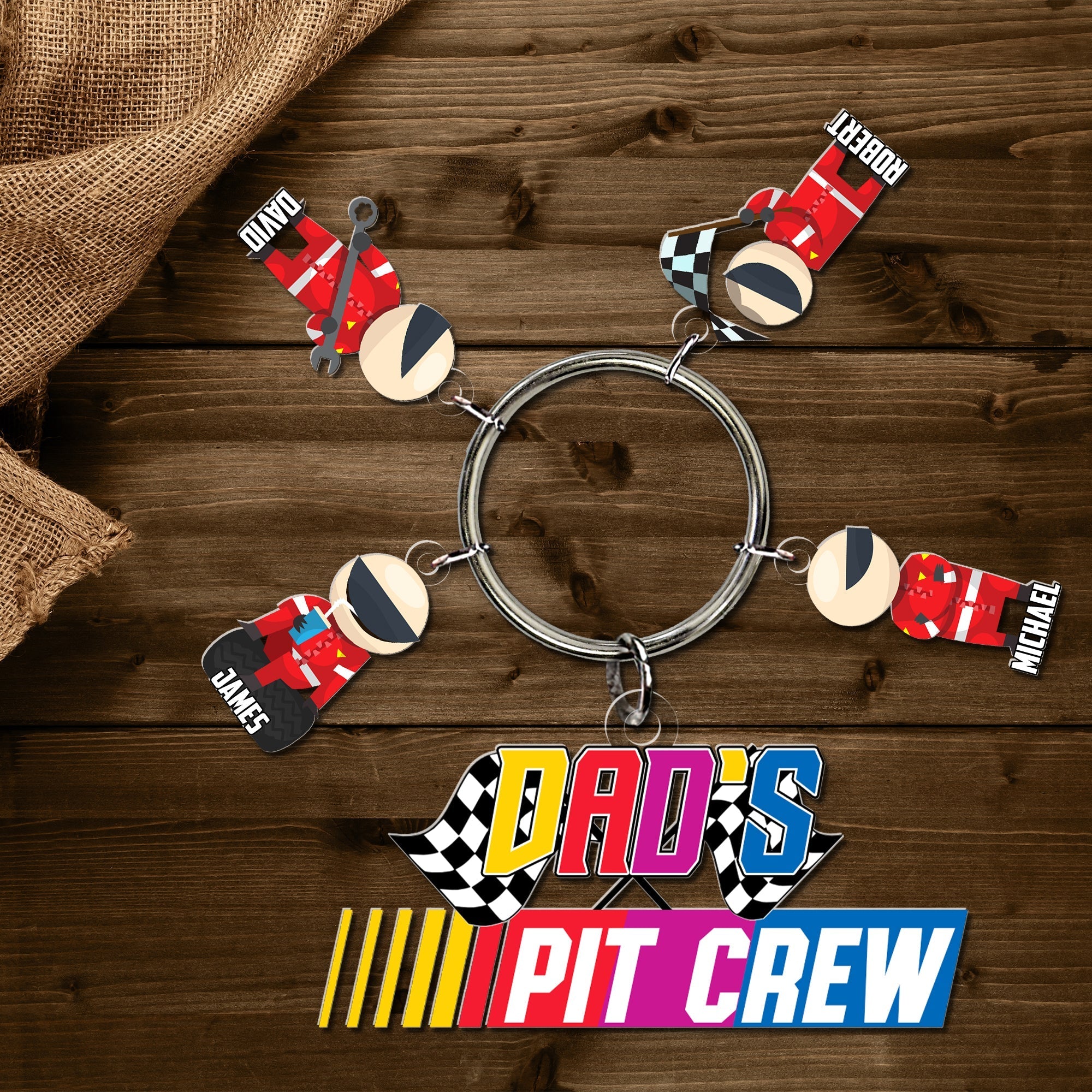 Dad's Pit Crew Personalized Keychain with Racer Charms Keychains PopCulturePrints
