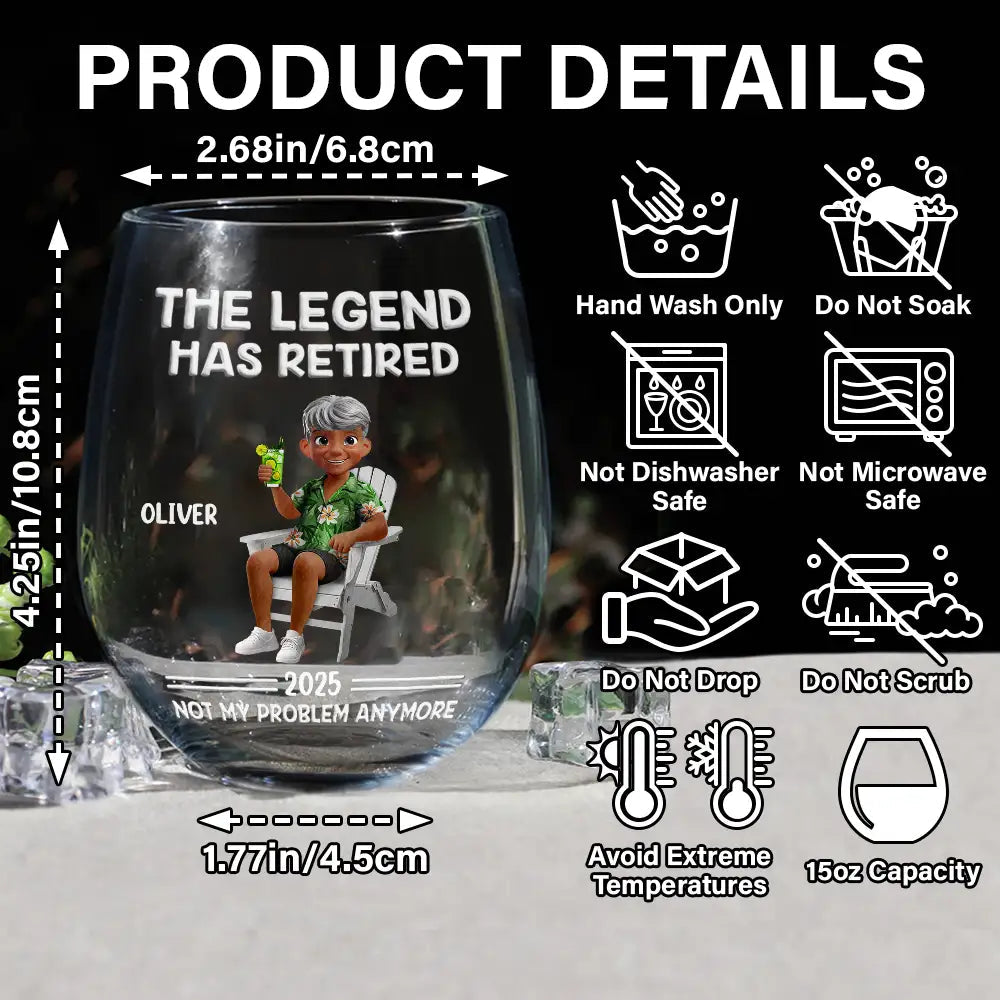 The Legend Has Retired - Personalized Stemless Wine Glass Wine Glass PopCulturePrints