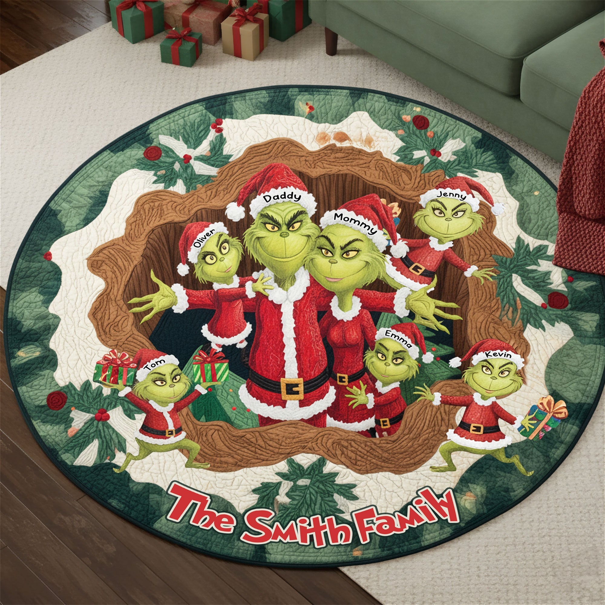 "Celebrate Family with Laughter!" - Green Monster Family Quilted Round Mat - Personalized Gift for Family Doormat PopCulturePrints