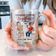 Load image into Gallery viewer, ‘Drinking Coffee Together Since 1975’ - Personalized Glass Mug for Couples Glass Mug PopCulturePrints
