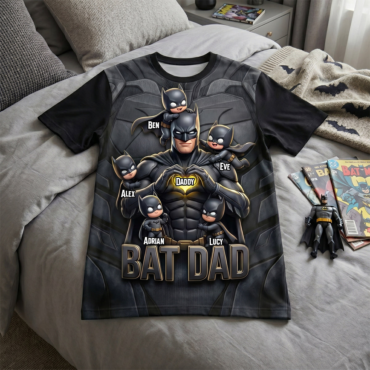 “Every Hero Has a Sidekick” - Personalized Bat Dad Shirt - Perfect Gift for Dads and Grandpas AOP Products PopCulturePrints