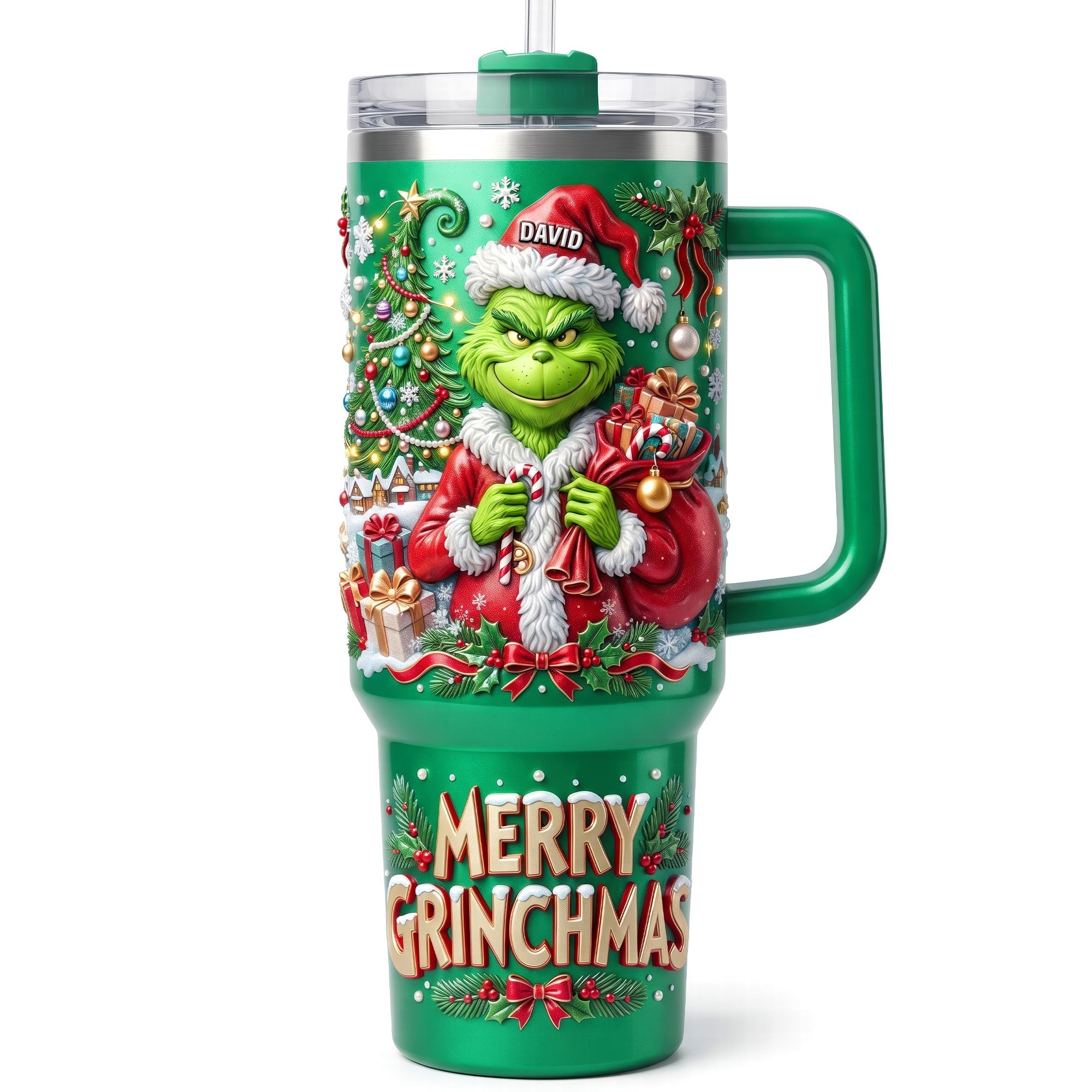"Spread Holiday Cheer with the Grinch!" - Unique Santa 40oz Tumbler With Handle - Personalized Gift for Everyone