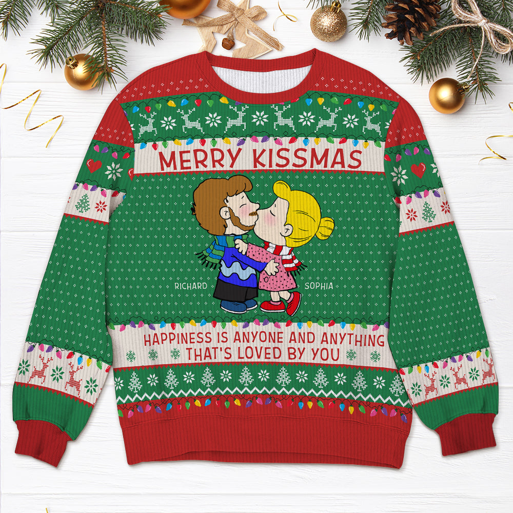 Custom Cartoon Couple Ugly Christmas Sweater - Merry Kissmas Edition