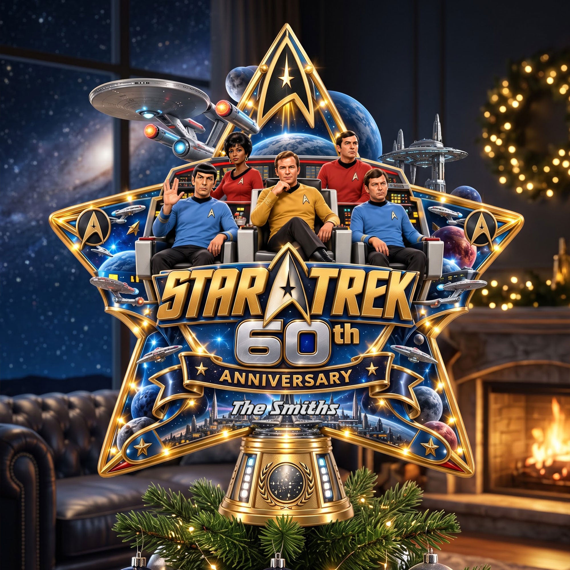 "Celebrate 60 Years of Adventure!" - Personalized Star Trek 60th Anniversary Cosmic Tree Topper - Unique Gift for Family & Friends Ornament PopCulturePrints