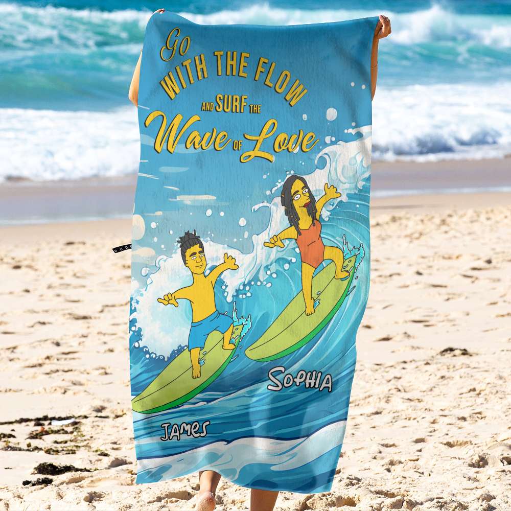 Personalized Surfing Couple Beach Towel Beach Towel PopCulturePrints