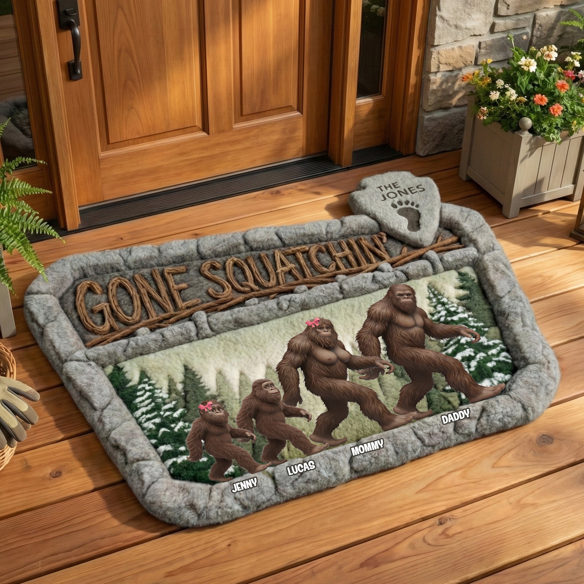 Gone Squatchin' - Personalized Bigfoot Family Shaped Doormat for Wildlife Lovers Doormat PopCulturePrints