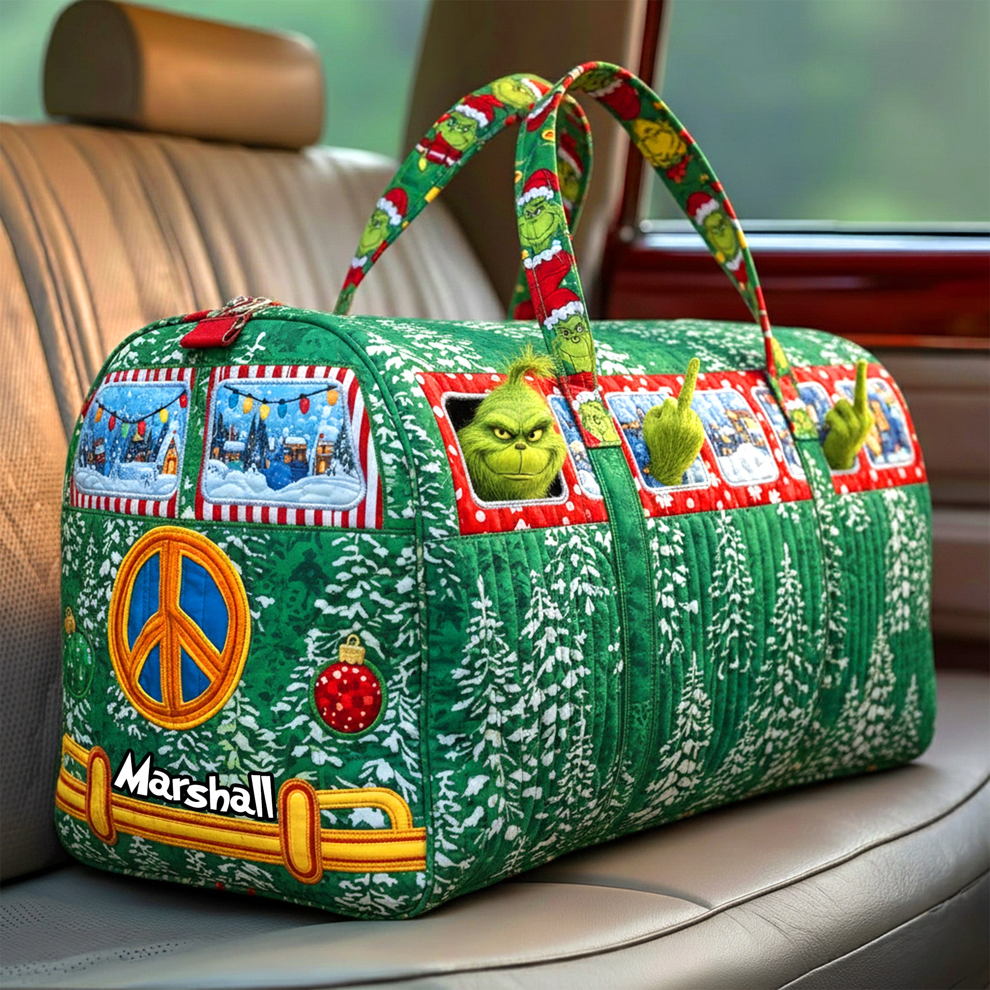 "Spread Holiday Cheer with Every Trip!" - Classic Camper Van Quilted Duffle Bag - Personalized Gift for Adventurers, Travelers, and Holiday Enthusiasts Quilted Duffle Bag PopCulturePrints