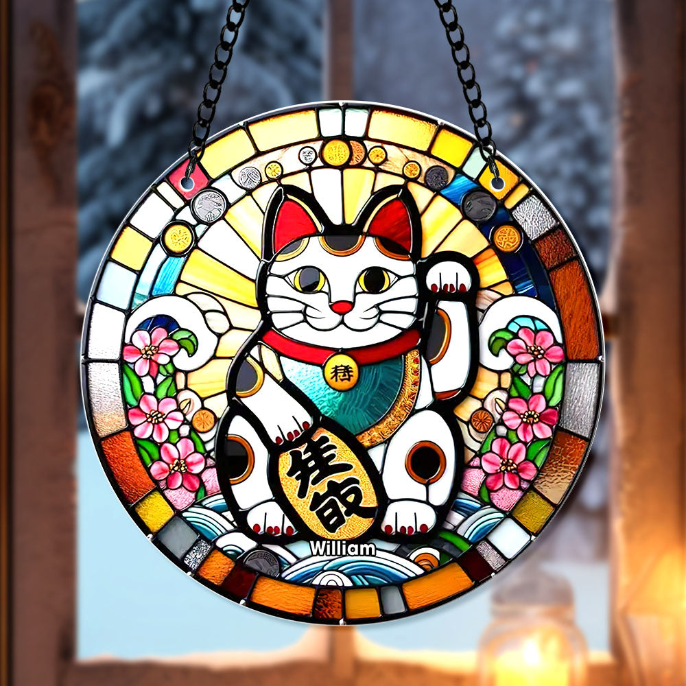 Lucky Cat Personalized Christmas Suncatcher Ornament