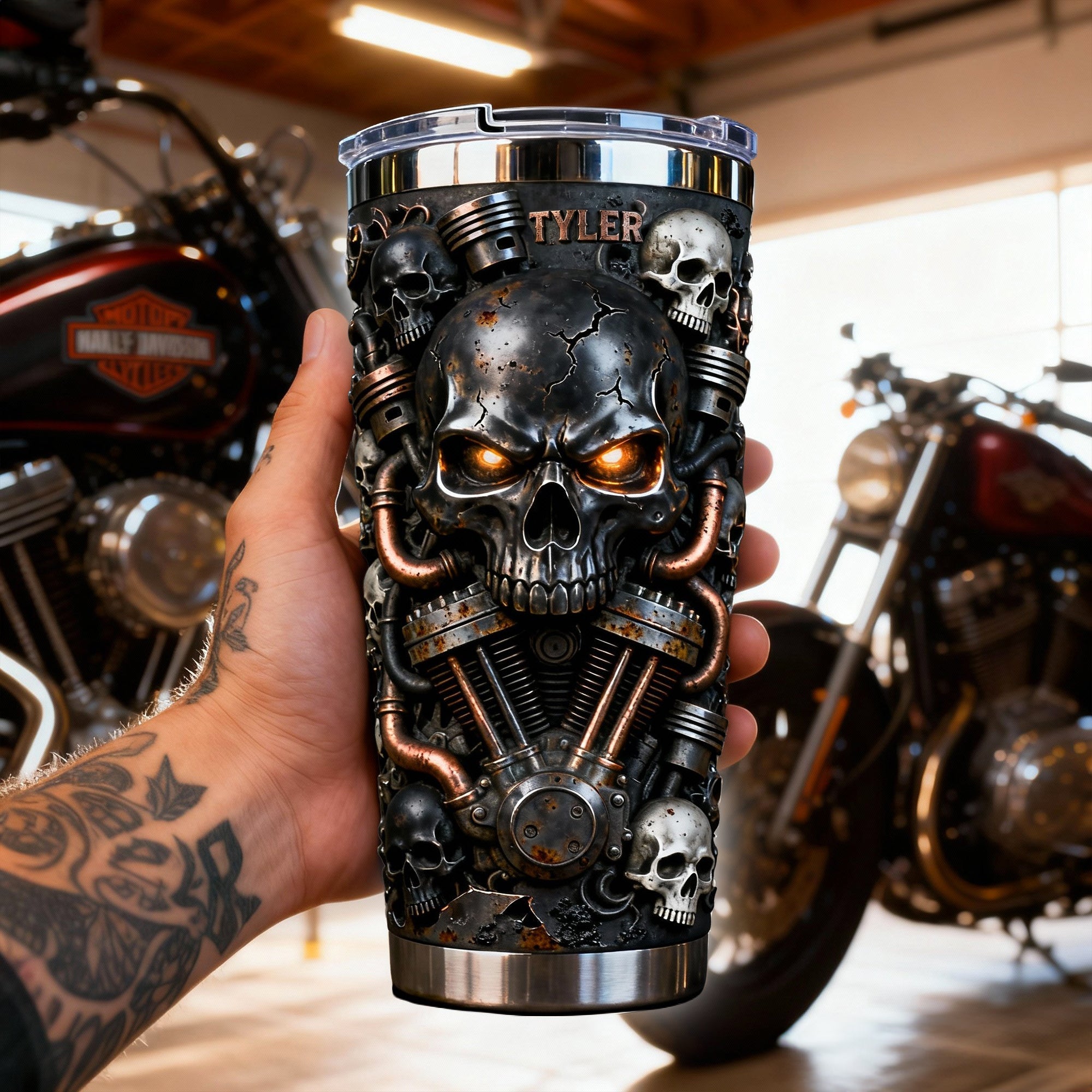 Ride with Attitude: Fierce Skull Motorcycle Tumbler - Personalized Gift for Bikers Tumbler Cup PopCulturePrints
