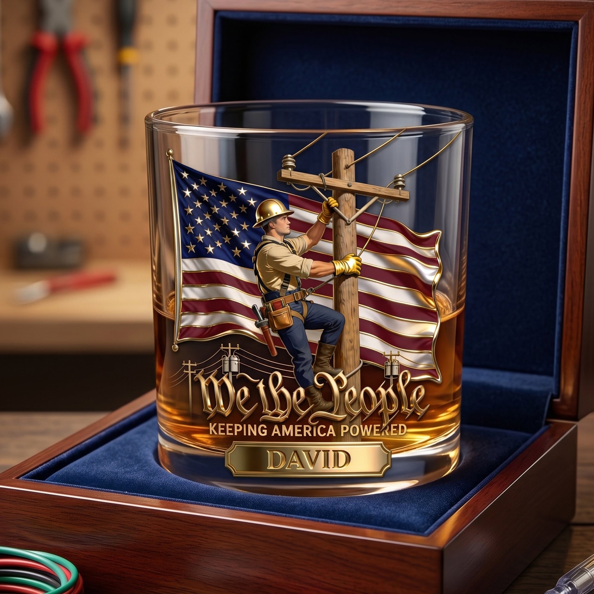 “We The People” - Keeping America Powered Whiskey Glass - Personalized Gift for Lineman Glass PopCulturePrints