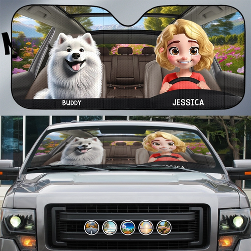 “Drive with Joy” - Personalized 3D Effect Auto Sunshade - Perfect Gift for Moms, Grandmas, and Pet Lovers Auto Sunshade PopCulturePrints