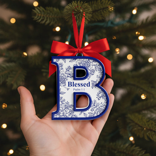 “Blessed” - Personalized Scripture Initial Christmas Ornament - Custom Gift for Christians, Family, Friends, and Loved Ones Ornament PopCulturePrints