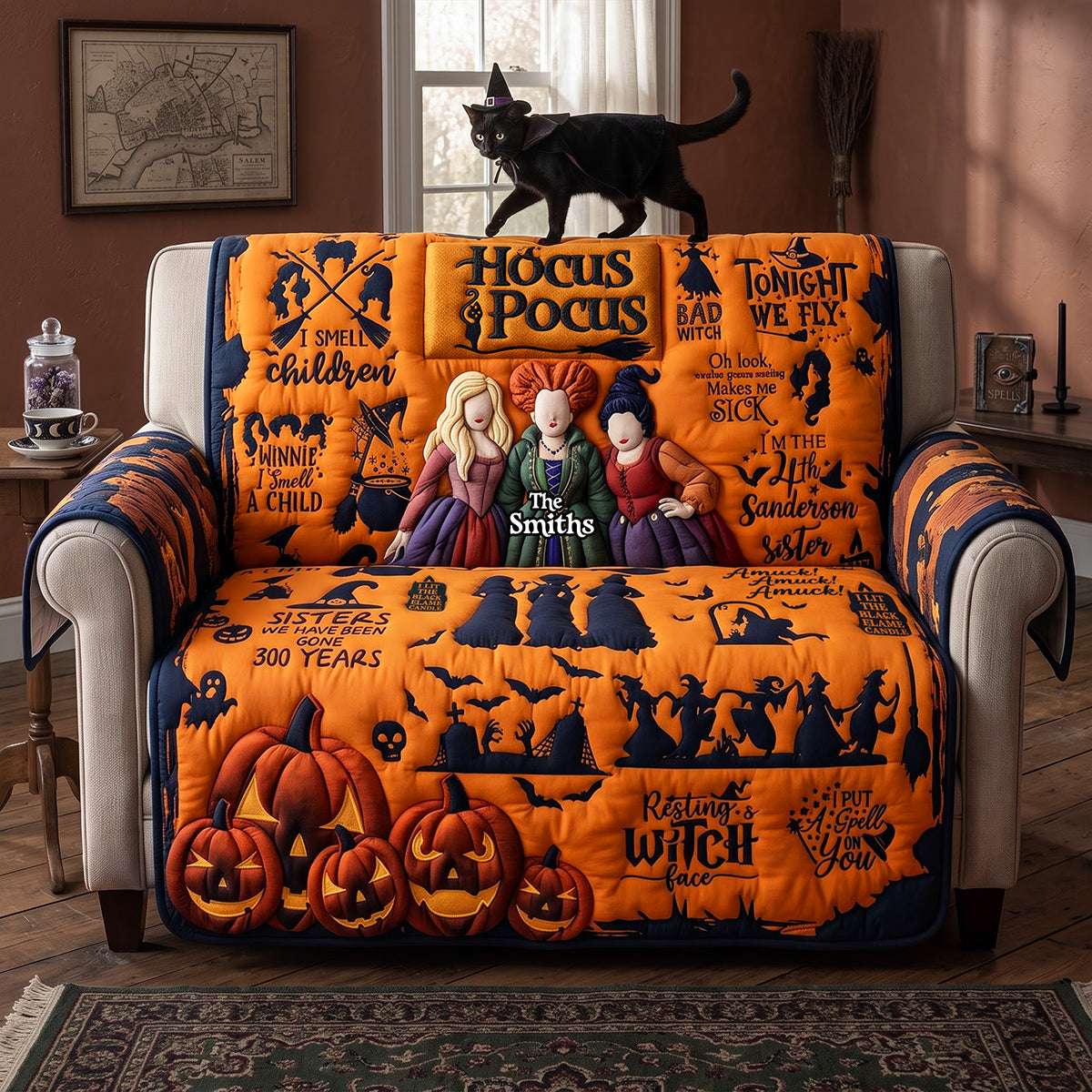 "Wickedly Fun for the Haunted Season" - Personalized Fun Bad Witches Quilted Sofa Cover - Gift for Halloween Lovers, Fans, Family