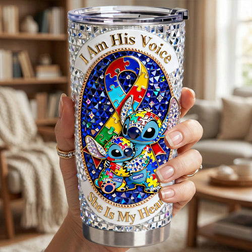 I Am His Voice, She Is My Heart - Supportive Autism Mom 20oz Tumbler - Personalized Gift for Autism Mom Tumbler Cup PopCulturePrints