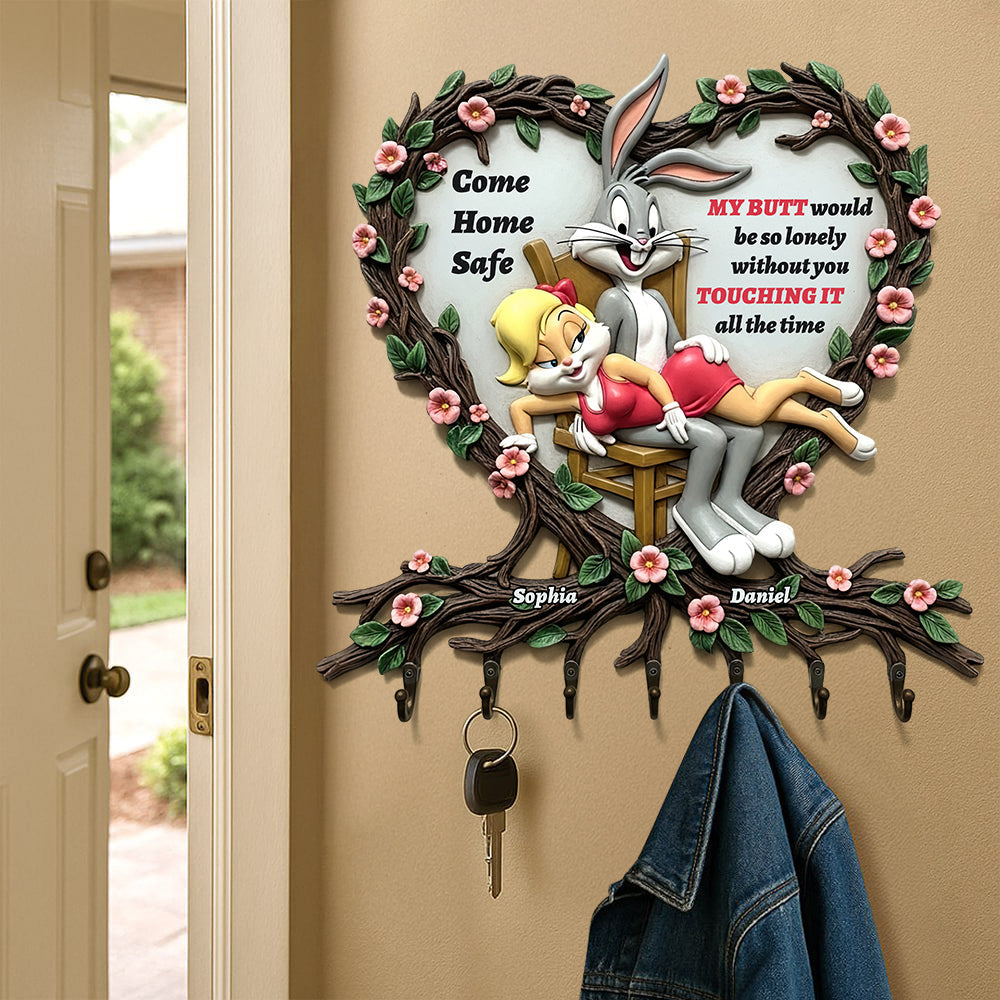 "Come Home Safe!" - Naughty Rabbit Couple Key Hanger - Personalized Gifts for Lovers, Friends, and Couples Wood Sign PopCulturePrints