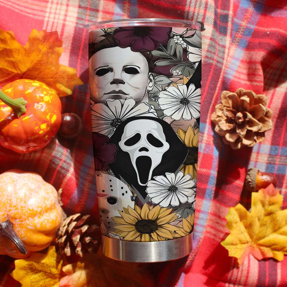 Horror Icons Floral Tumbler - Michael Myers, Ghostface, Jason Voorhees