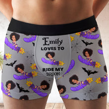 Load image into Gallery viewer, Personalized Halloween Men&#39;s Boxers - Loves To Ride My Broom
