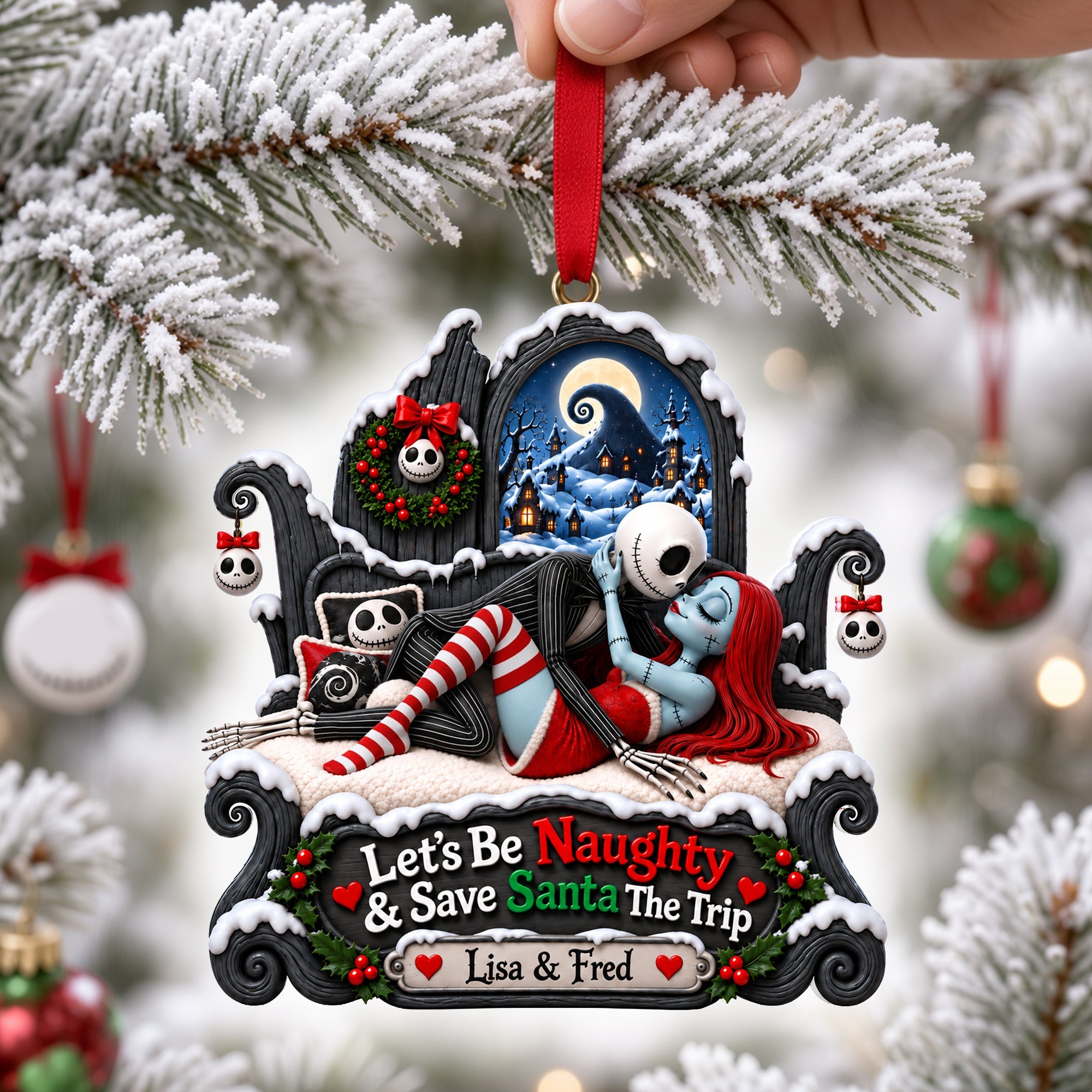 Let's Be Naughty & Save Santa The Trip - Personalized Gothic Christmas Ornament for Couples