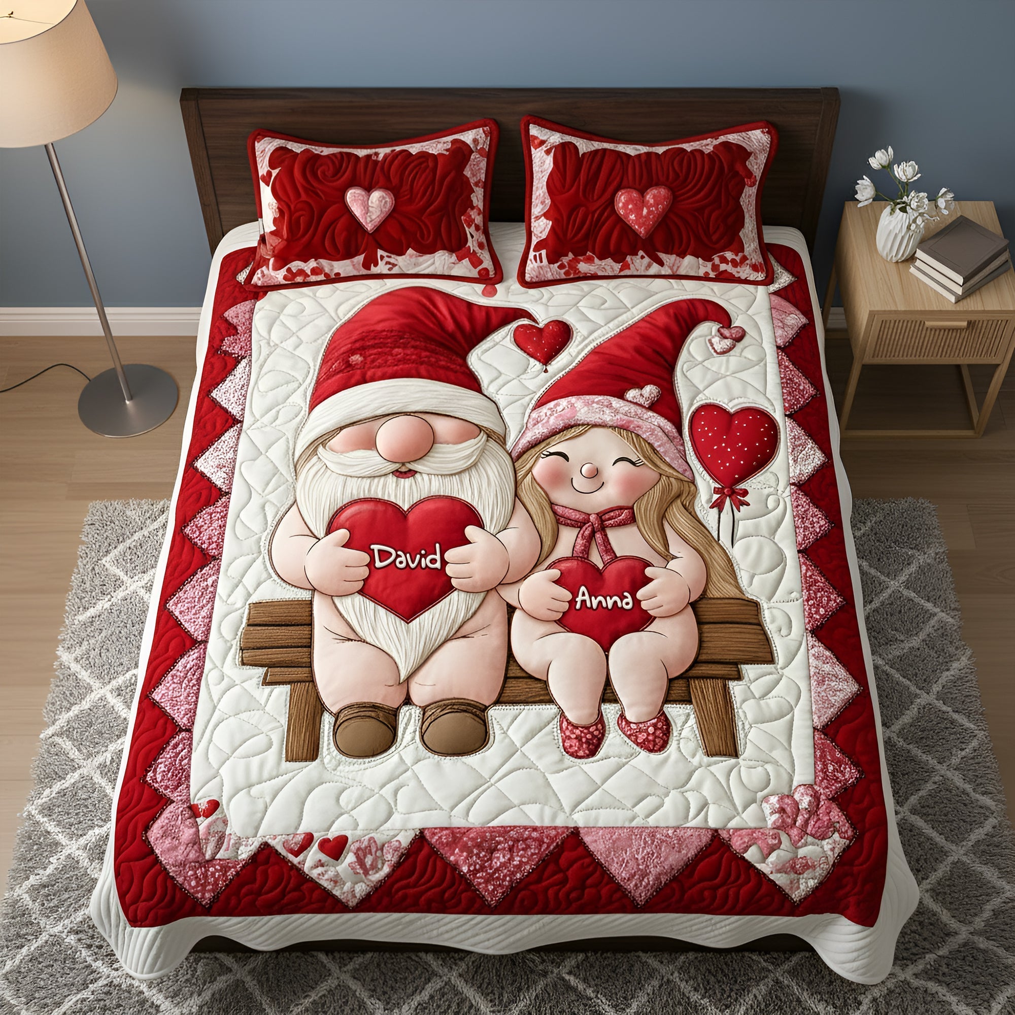 “Love Knows No Bounds” - Sweet Gnome Couple Quilt Bed Set - Personalized Gift for Couples Blanket PopCulturePrints