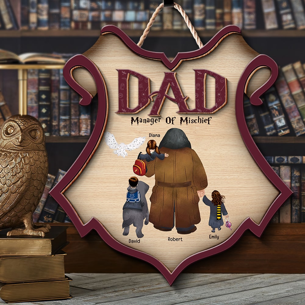 Personalized Harry Potter-Themed Dad Shield Sign - Manager of Mischief