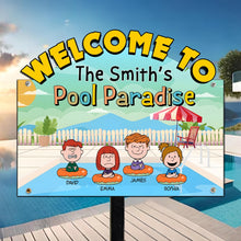 Load image into Gallery viewer, Personalized Family Pool Paradise Metal Sign - Custom Cartoon Design
