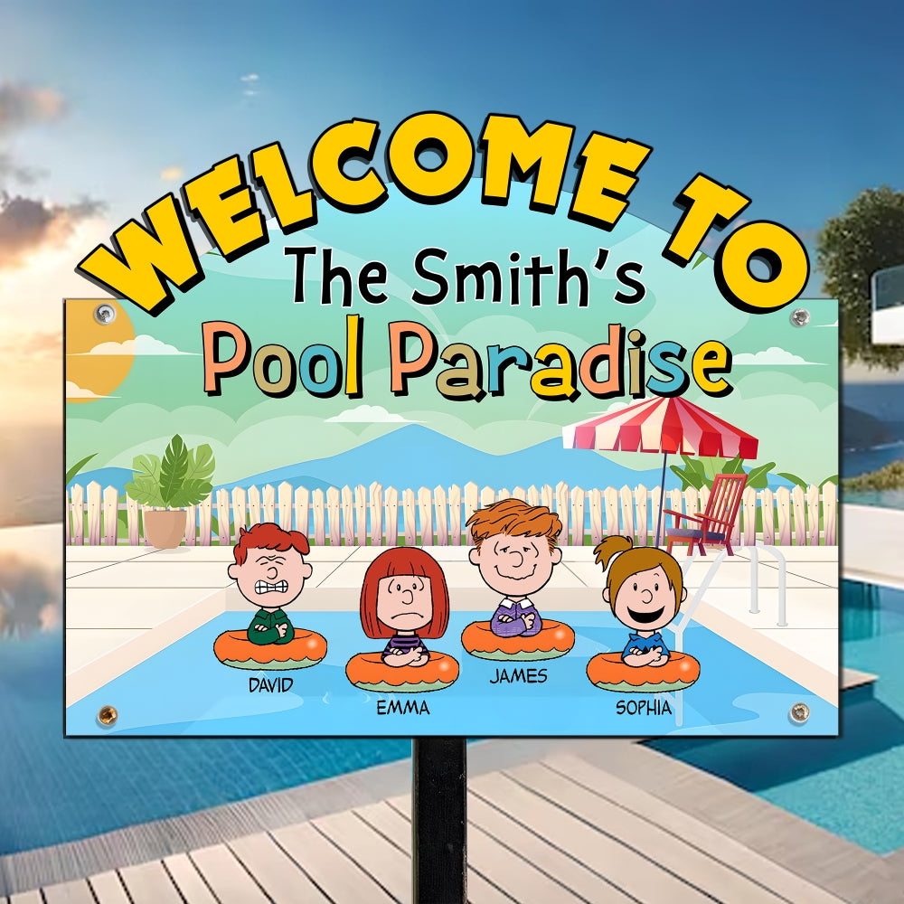 Personalized Family Pool Paradise Metal Sign - Custom Cartoon Design