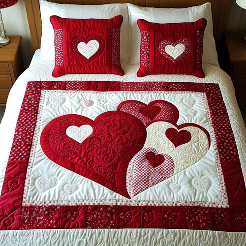 Blissful Hearts Quilt Bed Set - Romantic Valentine's Day Gifts for Couples Blanket PopCulturePrints