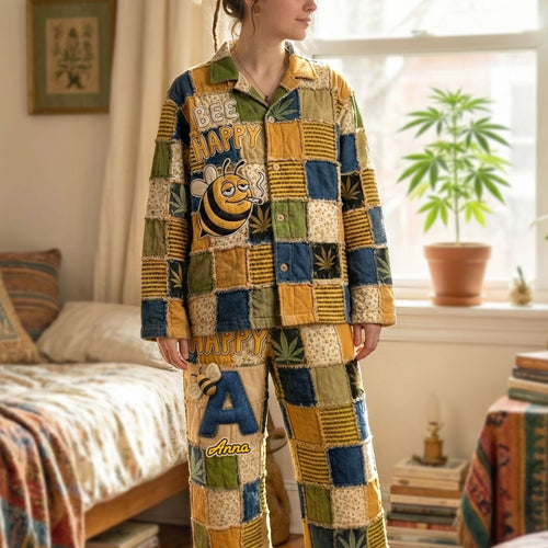 Bee Happy Pajama Set - Custom Gifts for Weed Lovers Pajama Set PopCulturePrints