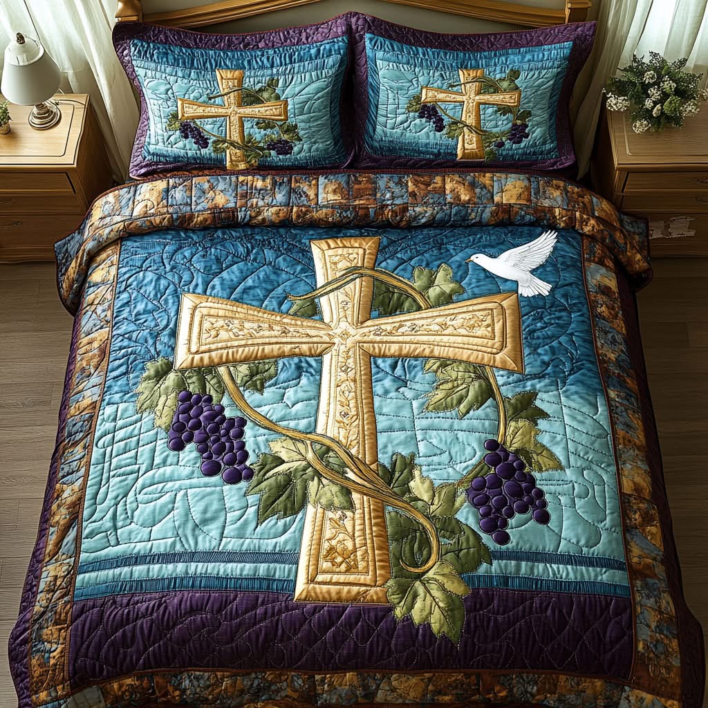 Holy Cross Grapevine Quilt Bed Set - Meaningful Christian Gift Blanket PopCulturePrints