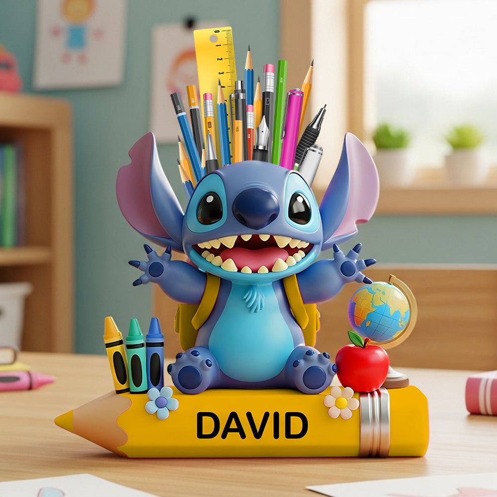 "Bring Imagination to Life!" - Personalized Blue Cartoon Alien Wooden Pen Holder - Perfect Gift for Kids Pen Holder PopCulturePrints
