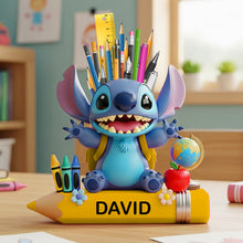 Load image into Gallery viewer, &quot;Bring Imagination to Life!&quot; - Personalized Blue Cartoon Alien Wooden Pen Holder - Perfect Gift for Kids Pen Holder PopCulturePrints
