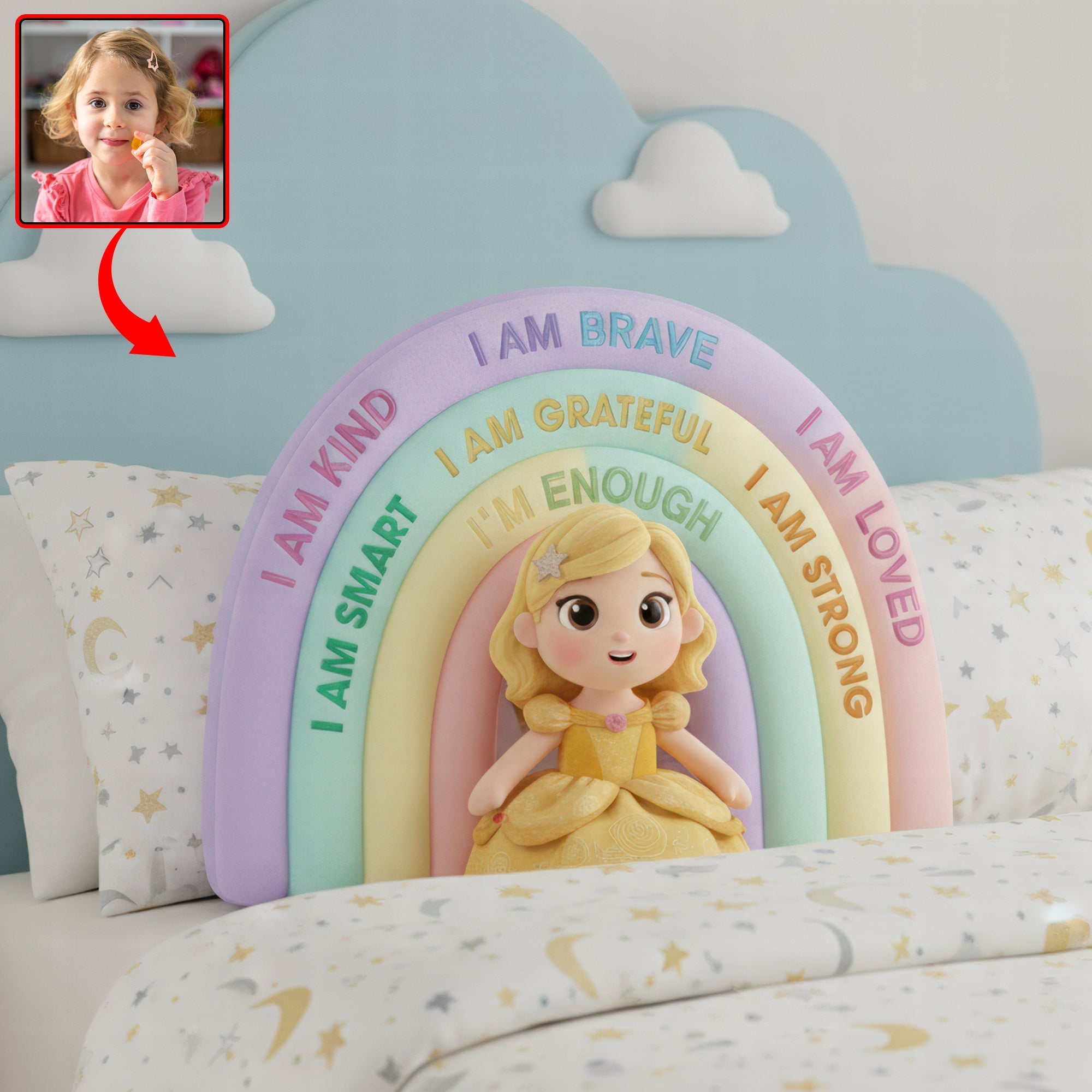 "I Am Brave, I Am Kind" - Positive Affirmations Rainbow Custom Shape Pillow - Personalized Custom Photo Gift for Kids Pillow PopCulturePrints