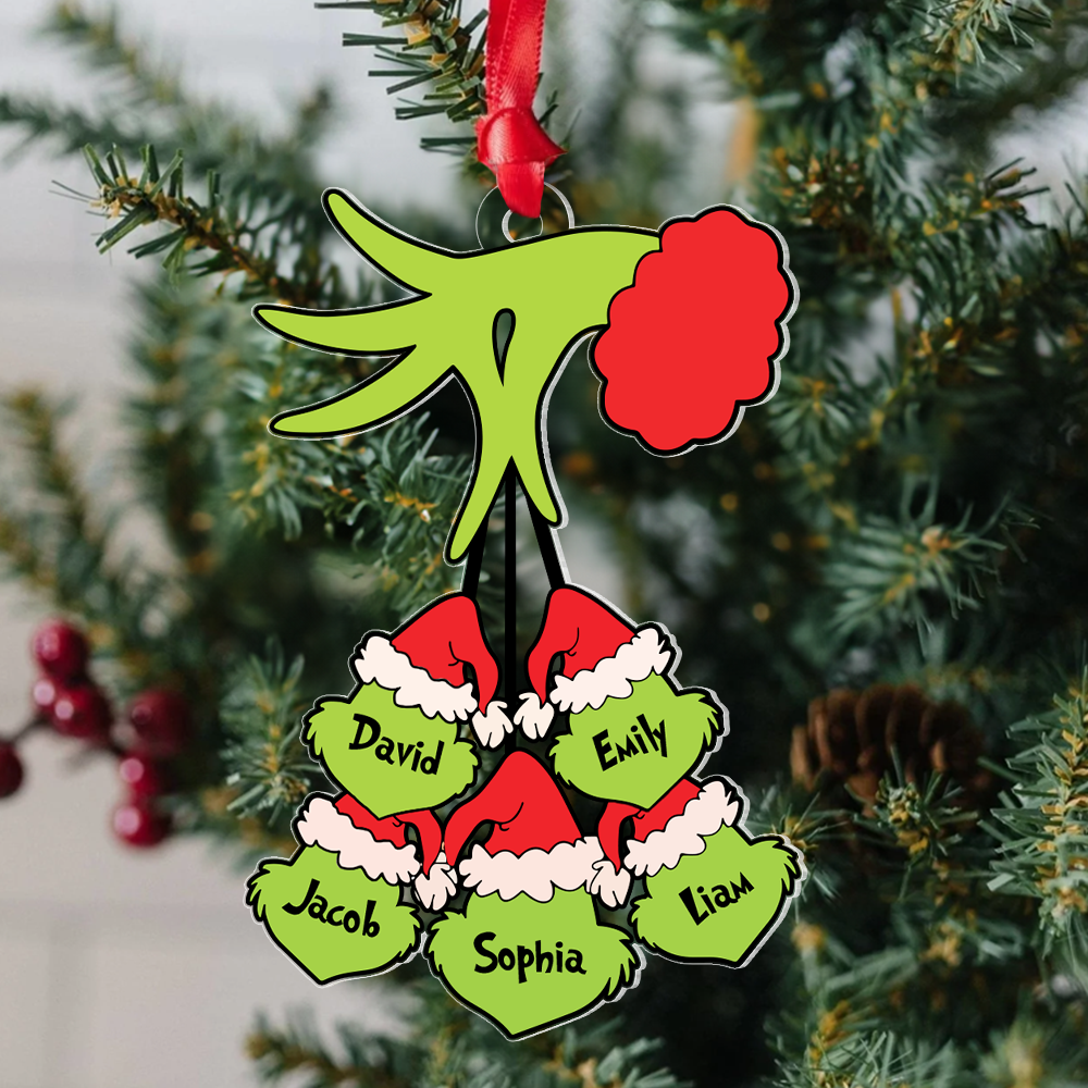 Personalized Christmas Ornament with Family Names - Grinch Hand Design