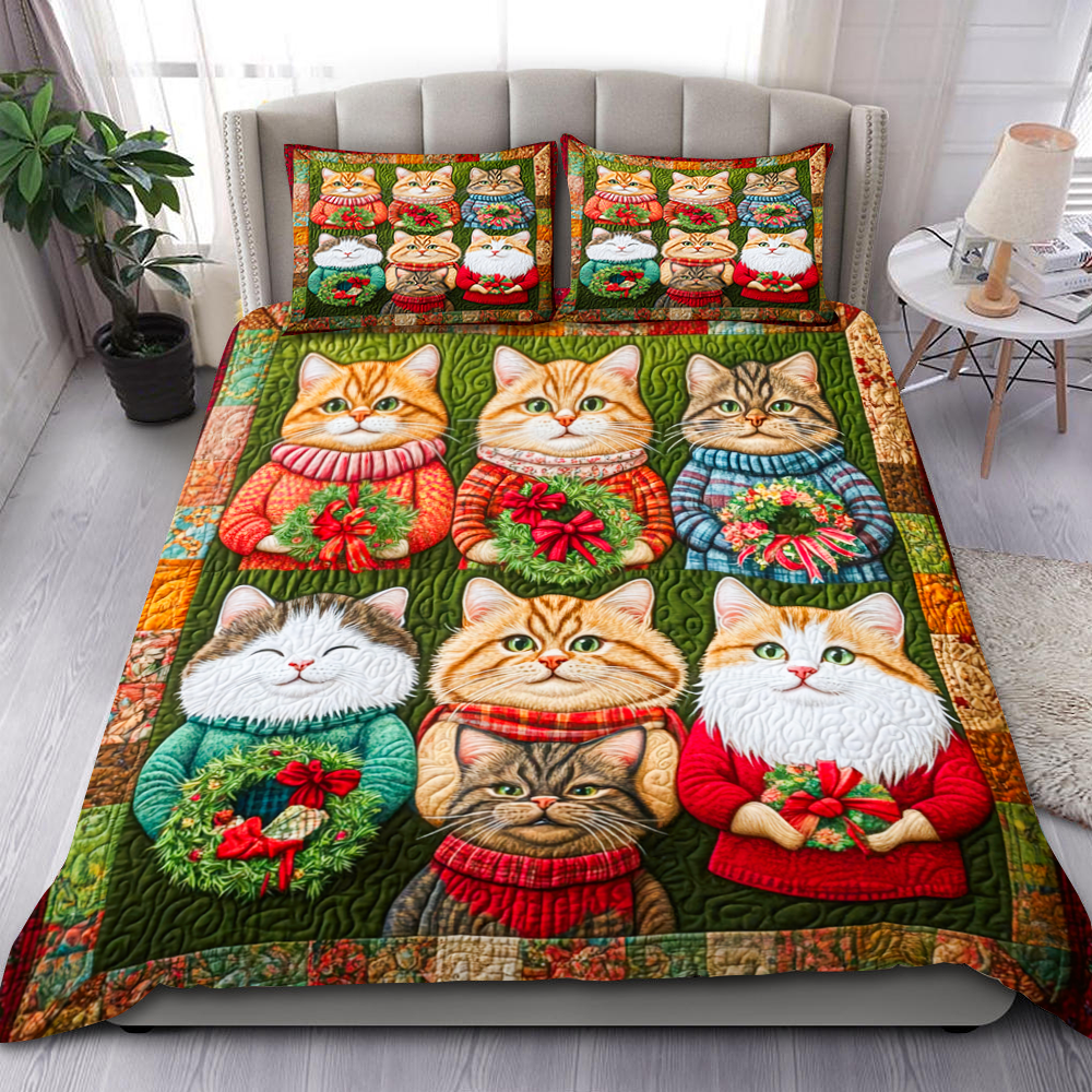 Floral Feline Christmas Quilt Bed Set - Perfect Gift for Cat Lovers Blanket PopCulturePrints