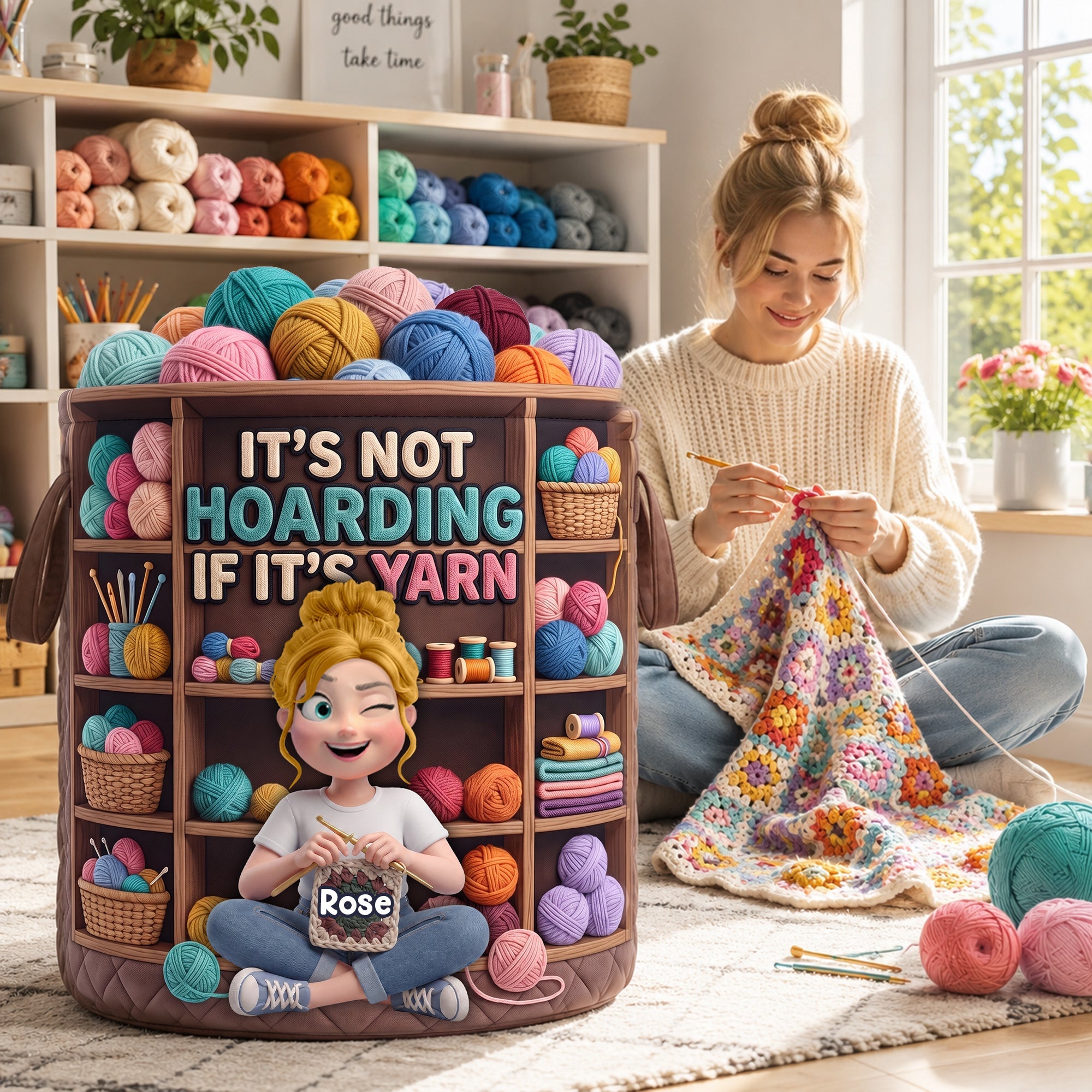 “It's Not Hoarding If It’s Yarn” – Crochet Girl Quilted Laundry Basket - Personalized Gifts for Crochet Lovers