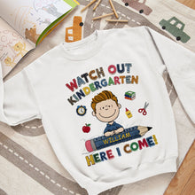 Load image into Gallery viewer, &quot;Watch Out Kindergarten!&quot; – Personalized Cute Character Back To School Shirt for Kids Shirts PopCulturePrints
