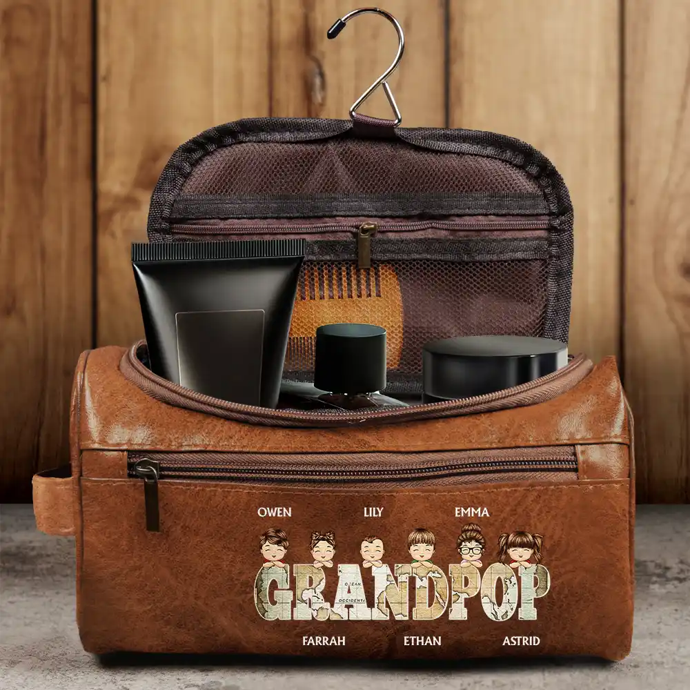 "Celebrate Love with Custom Chibi Kids Design - Personalized Leather Toiletry Bag for Dads, Grandpas & More!" Leather Toiletry Bag PopCulturePrints
