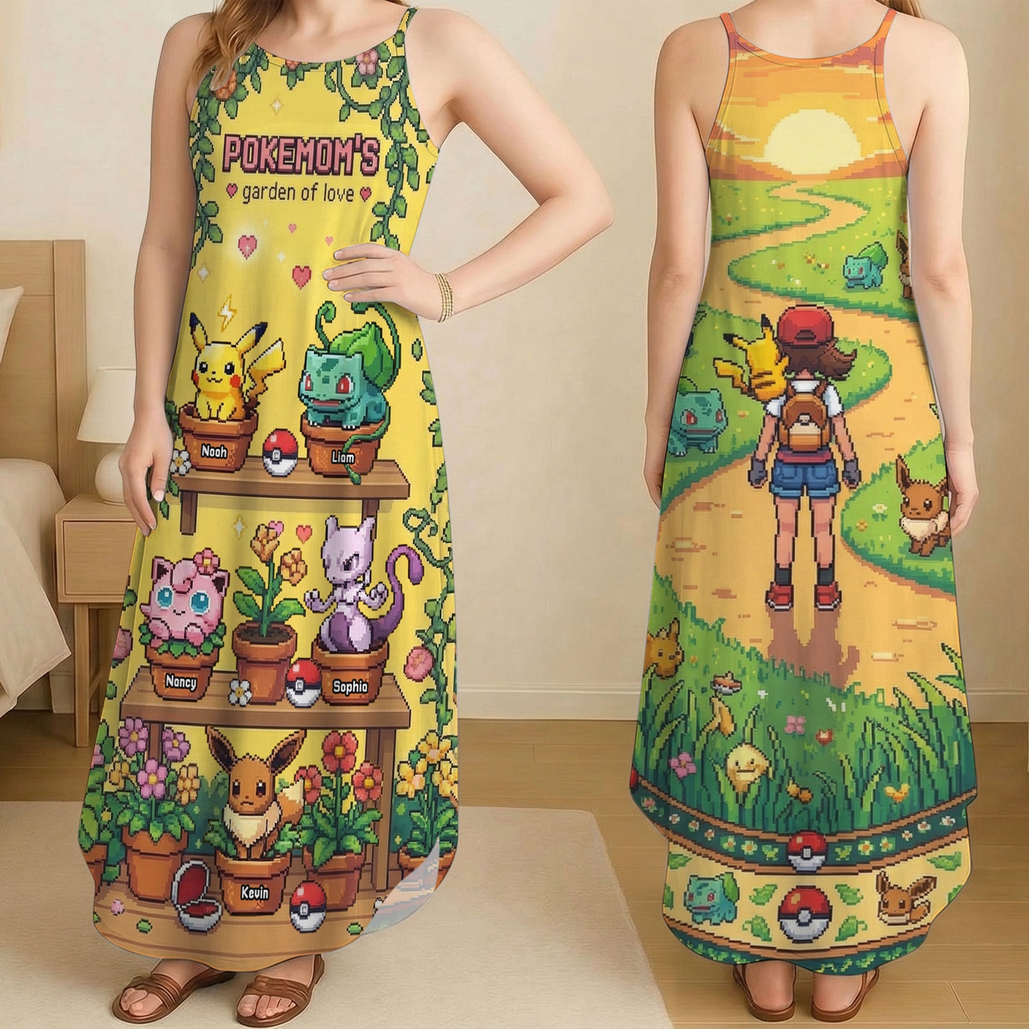 “Embrace Your Inner Pokémon Trainer” - Pixel Monster Garden Suspender Maxi Dress - Personalized Gift for Mom, Grandma & More! Dress PopCulturePrints