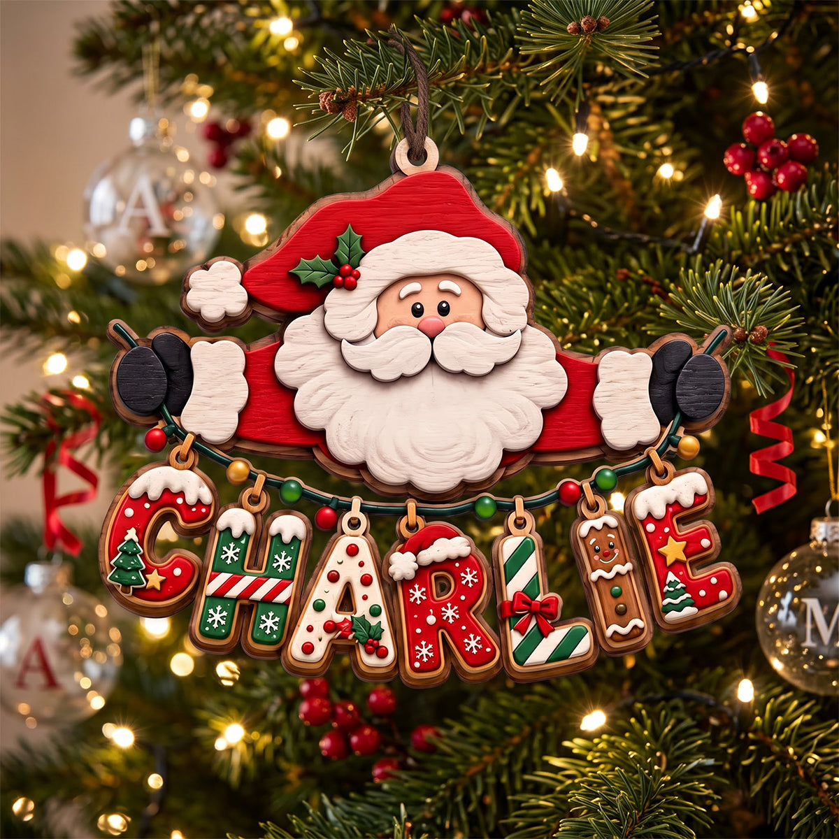 Joyful Santa Name Art Ornament - Personalized Christmas Gift for Everyone