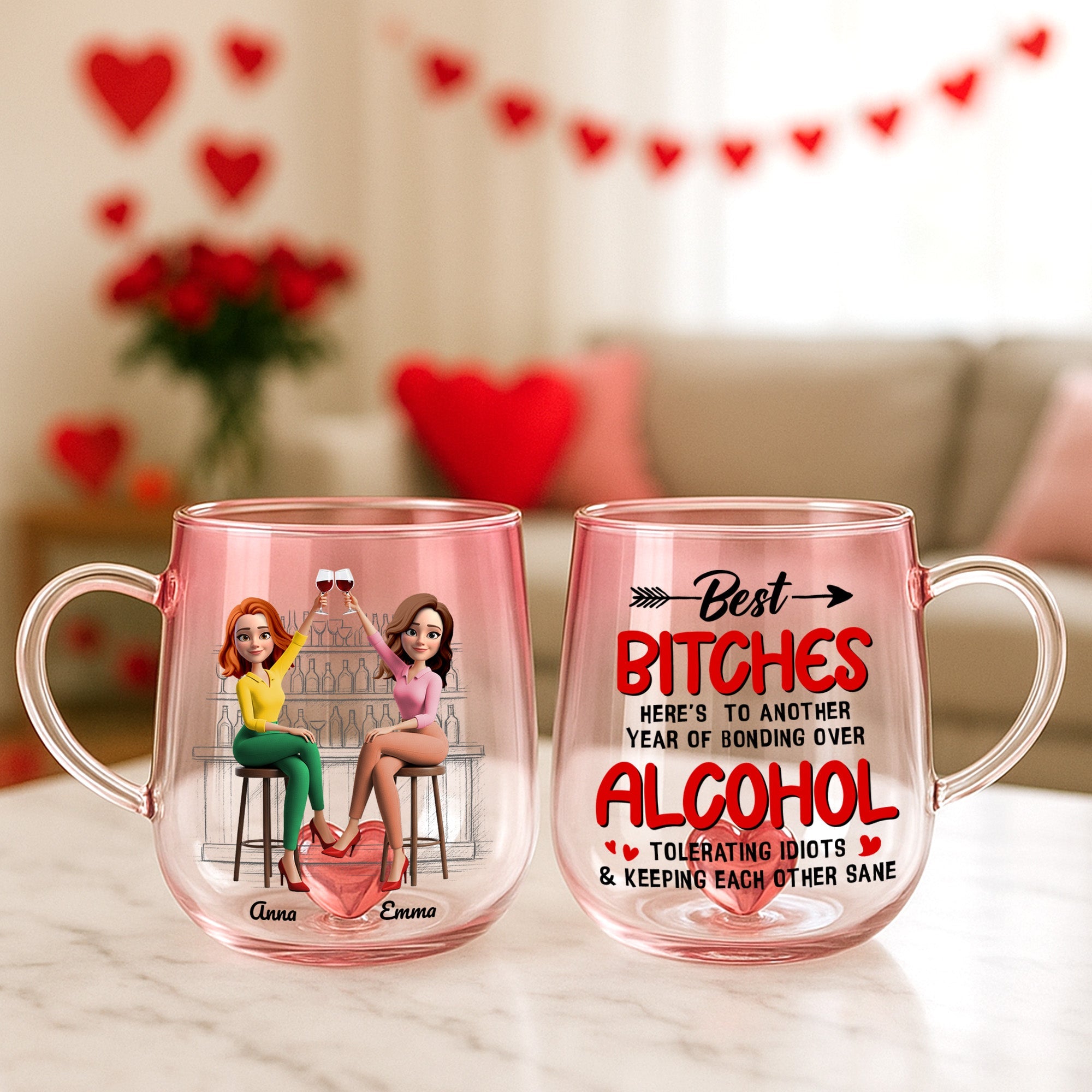 Cheers to Friendship - Partner In Wine Personalized 3D Heart Glass Mug - Unique Gift for Best Friends, Sisters & Drinking Buddies 3D Heart Glass Mug PopCulturePrints
