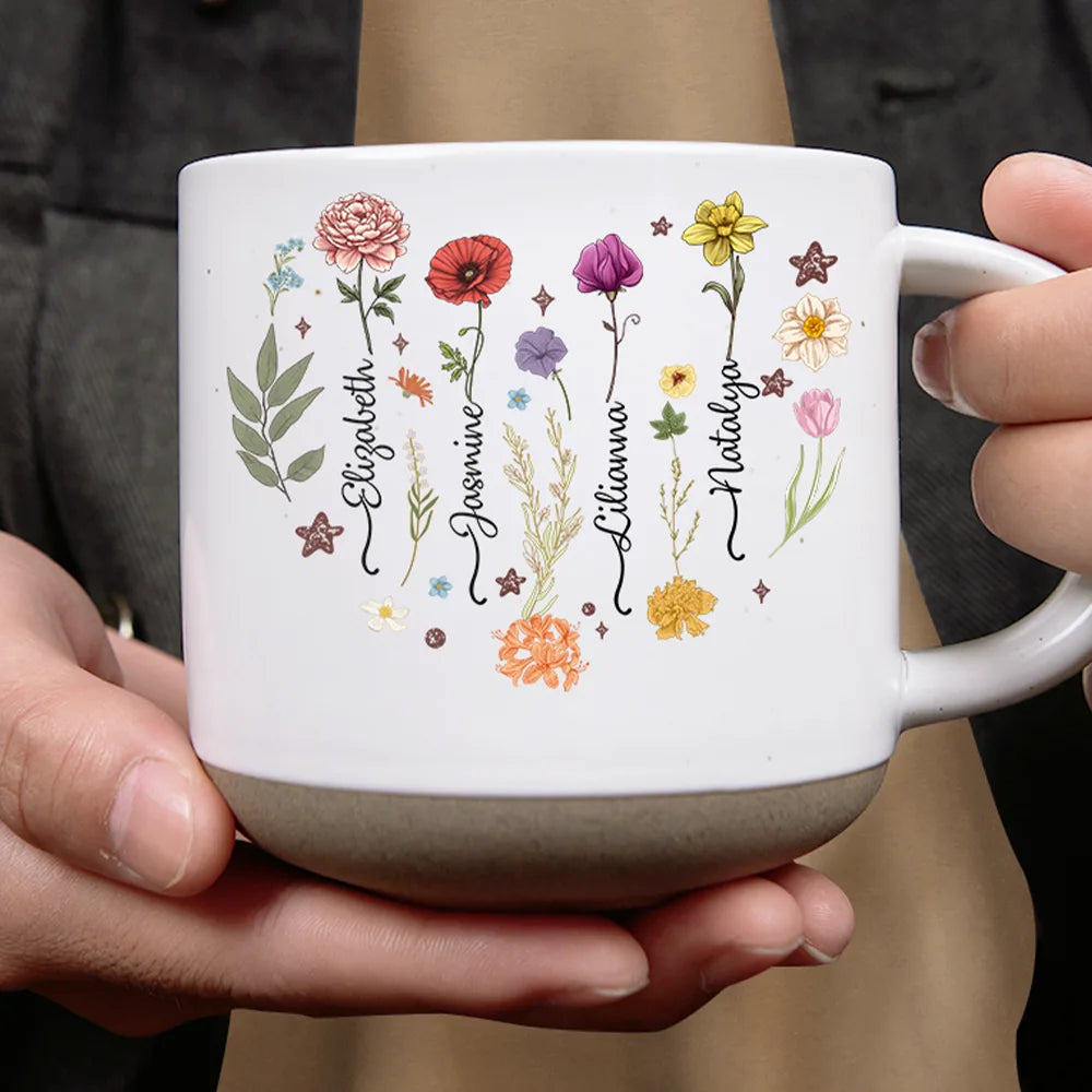 "Celebrate Each Month with Unique Floral Designs" - Personalized Pottery Mug - Gift for Mom, Grandma, and Loved Ones Pottery Mug PopCulturePrints