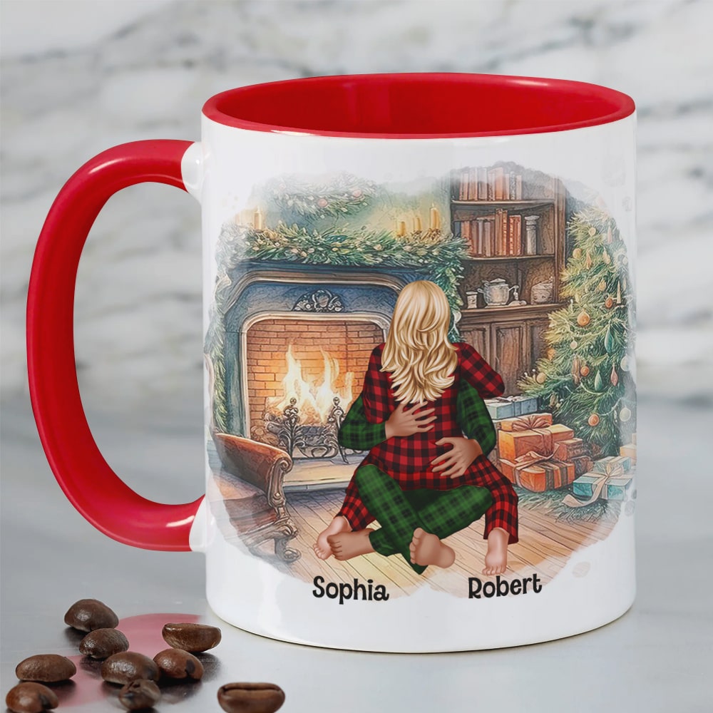 Personalized Christmas Couple Mug - Cozy Fireplace Edition