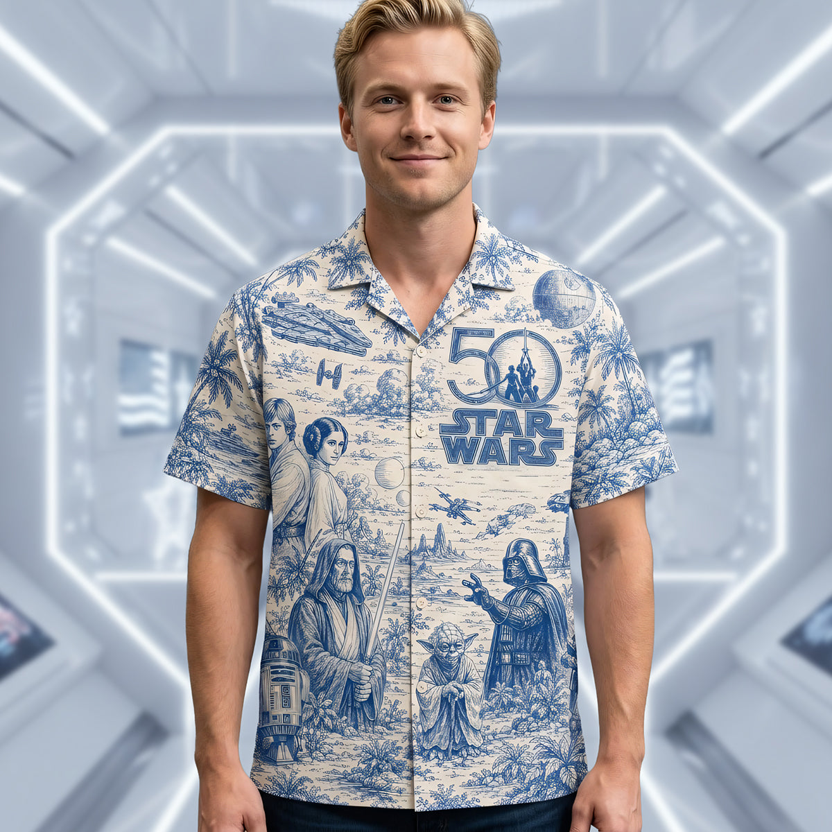 "Celebrate the Force in Style!" - Warriors 50th Anniversary Toile De Jouy Hawaiian Shirt - Personalized Gifts for Star Wars Fans