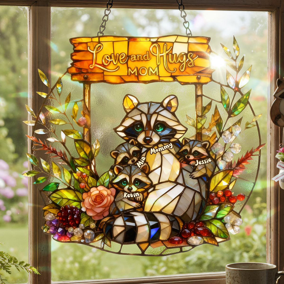 Love and Hugs, Mom - Personalized Raccoon Mom and Kids Suncatcher Ornament - Unique Gift for Moms, Grandmas, and More Ornament PopCulturePrints