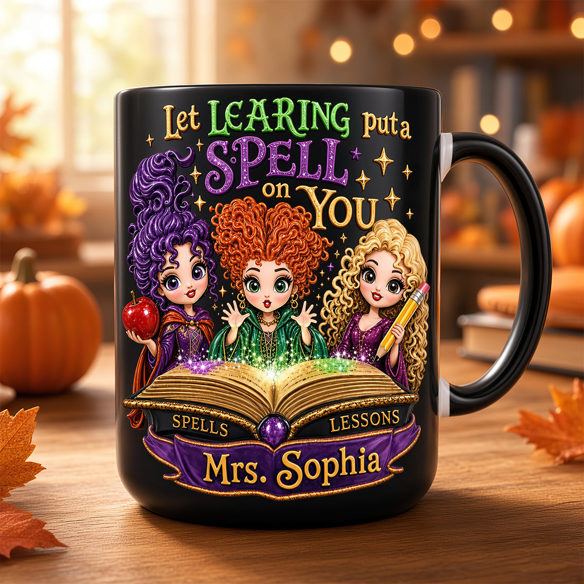 “Let Learning Put a Spell on You” - Spooky Witch Spell Accent Mug - Personalized Gift for Teachers & Halloween Lovers