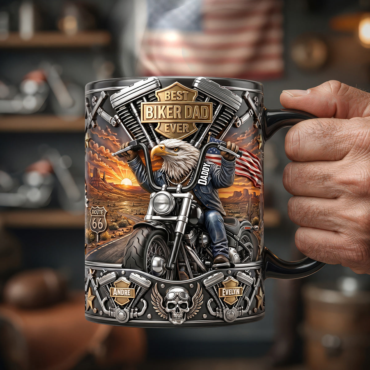 "Best Biker Dad Ever" - Personalized Bald Eagle Dad On Motorcycle Magic Mug - Gift for Dads, Grandpas, and Bikers Coffee Mug PopCulturePrints