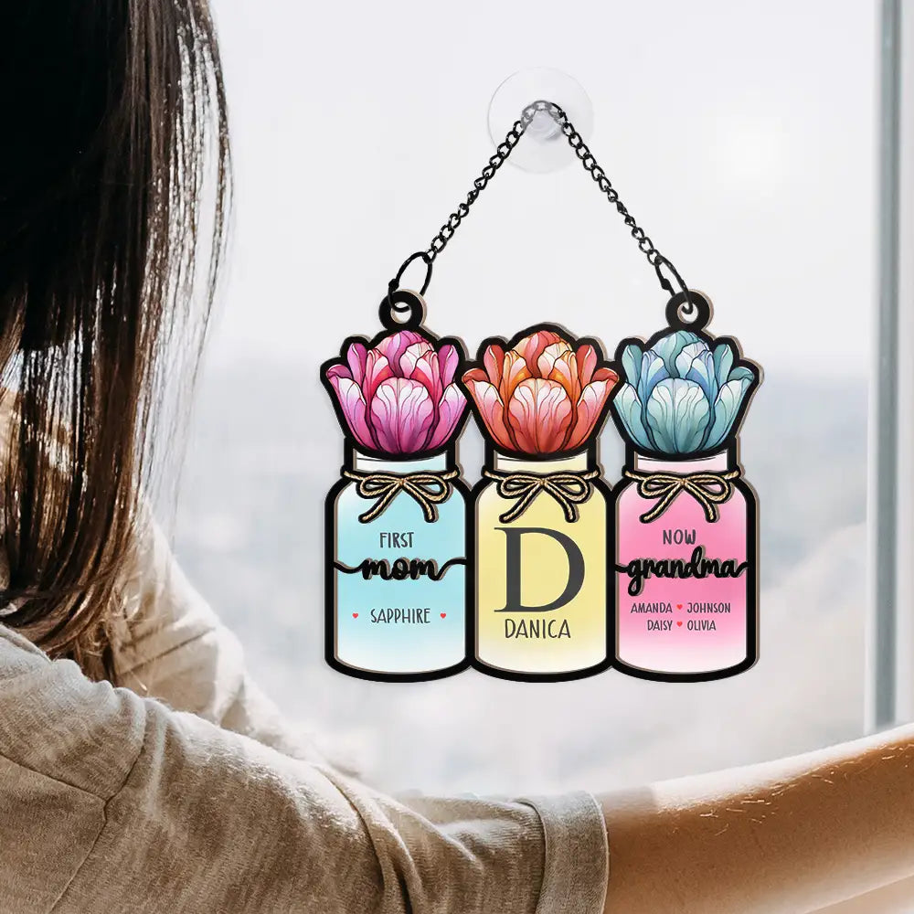 “Cherished Moments” – Personalized Monogram Flower Jar Ornament - Gift for Mom, Grandma, and Families Suncatcher Ornament PopCulturePrints