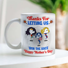 Load image into Gallery viewer, Thanks For Letting Us Win The Race - Personalized Super Mom Coffee Mug - Perfect Gift for Mom, Grandma, and More Coffee Mug PopCulturePrints
